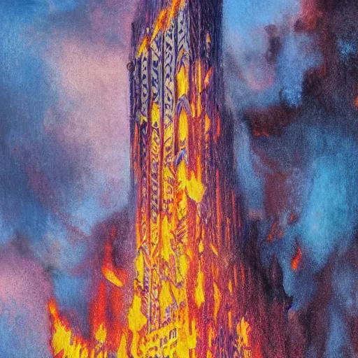 Prompt: tall building on fire with blue flames, extreme detail, abstract realism, highly ornate intricate details, 1 9 2 0's colored pencil, 4 k, cinematic lighting,