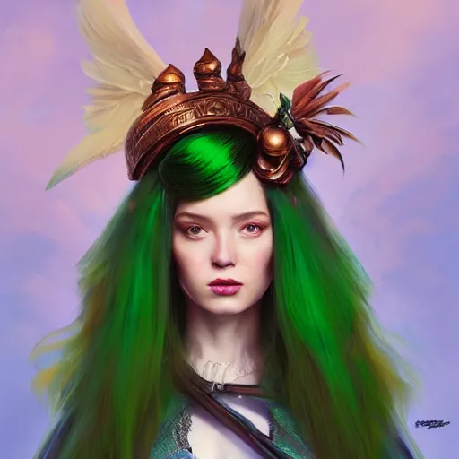 Prompt: A masterpiece portrait of a copper princess menacing girl with tall green amazing victorian wig with parrot wings. trending on artstation, digital art, by Stanley Artgerm Lau, WLOP, Rossdraws, James Jean, Andrei Riabovitchev, Marc Simonetti, Yoshitaka Amano