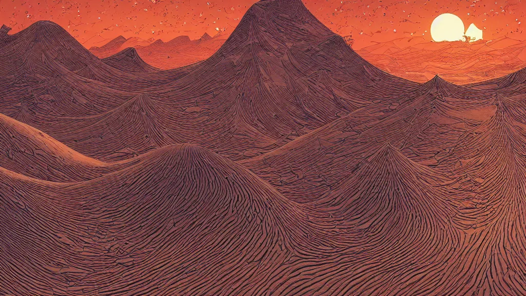 Image similar to highly detailed illustration of high exposure sand dunes at night by moebius, nico delort, oliver vernon, kilian eng, joseph moncada, damon soule, manabu ikeda, kyle hotz, dan mumford, otomo, 4 k resolution