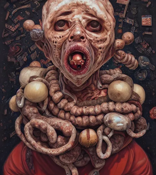 Prompt: portrait, nightmare anomalies, sausage by dariusz zawadzki, kenneth blom, mental alchemy, james jean, pablo amaringo, naudline pierre, contemporary art, hyper detailed