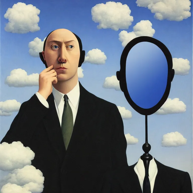 Prompt: portrait of a faceless mirror - head man in a suit, clouds in the background, by rene magritte, detailed painting, distance, middle centered, hd, hq, high resolution, high detail, 4 k, 8 k