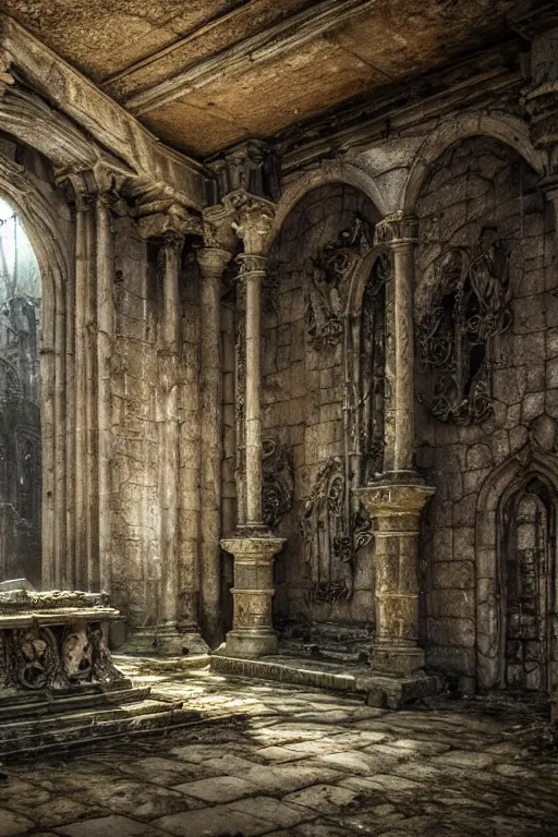 Prompt: the ruins of the crypt in the cemetery, intricate, ethereal, by luis royo, hyper detailed, weta digital, ray trace, unreal engine, trending on artist, beautifully lit, cinematic, soft light, photorealistic, volumetric, realistic, glossy, 8 k post - production, masterpiece, luxury, smooth