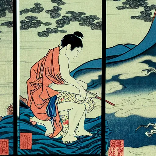Prompt: fallen angels by wong kar - wai depicted in a hokusai inspired triptych painting