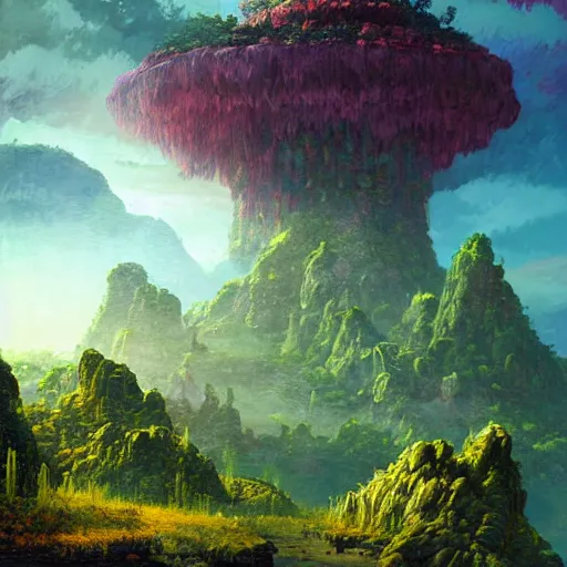 Image similar to digital art of a lush natural scene on an alien planet by paul lehr. extremely detailed. high quality render. beautiful landscape. weird vegetation. cliffs and water.