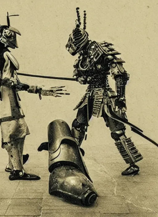 Prompt: old photo of a samurai fighting a cybernetic robot soldier