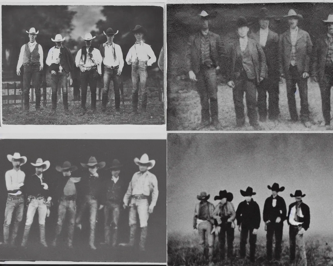 Prompt: Early black and white photograph of cowboys stood with a giant dead black bird, creepy, faded, very blurry, 8mm