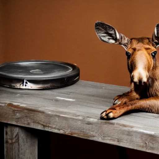 Prompt: a moose cat, sitting on the table, photo taken on a nikon, highly detailed, sharp focus