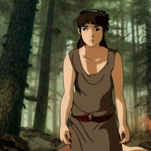 Image similar to mary elizabeth winstead as princess mononoke, still frame, sharp focus, cinematic, filmic