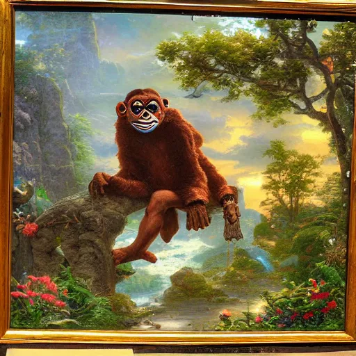 Image similar to pepe learning from apes, thomas kindkade, fantasy, intricate