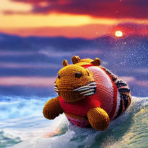 Image similar to a closeup photorealistic photograph of a happy knitted tiger hippopotamus riding a large wave during sunset. surf in the background. professional capture. brightly lit scene. this 4 k hd image is trending on artstation, featured on behance, well - rendered, extra crisp, features intricate detail, epic composition and the style of unreal engine.