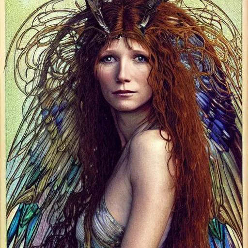 Prompt: head and shoulders portrait of a winged harpy portrayed by gwynneth paltrow, d & d, fantasy, luis royo, magali villeneuve, donato giancola, wlop, krenz cushart, hans zatka, klimt, alphonse mucha