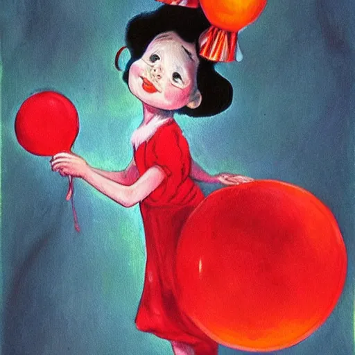 Image similar to fantasy painting of a little girl holding a red balloon by dr seuss | horror themed | creepy