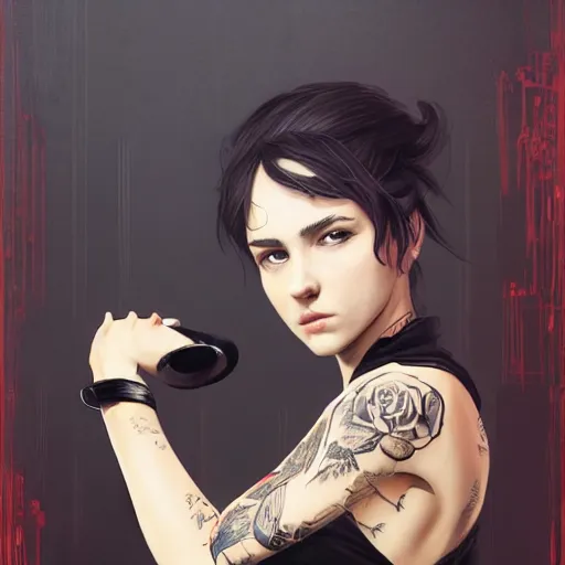 Image similar to french bar maid, tattoos, black t - shirt, black skirt, detailed portrait, intricate complexity, by greg rutkowski, artgerm, ross tran, conrad roset, takato yomamoto, ilya kuvshinov. 4 k, beautiful, cinematic dramatic atmosphere