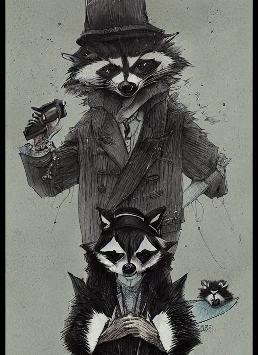 Image similar to a dramatic illustration portrait of an anthropomorphic raccoon mob boss, by posuka demizu, by stephen gammell, by victo ngai, by george ault, in the style of animal crossing, artstation