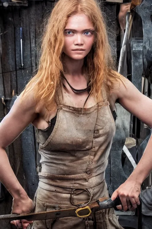 Image similar to female blacksmith, extremely burly. strawberry - blonde hair, many freckles. face resembles natalia vodianova, but she is built like a blacksmith : burly, broadshouldered, thicklimbed, kinda swole. she is fully clothed in her work clothes. she is very strong.