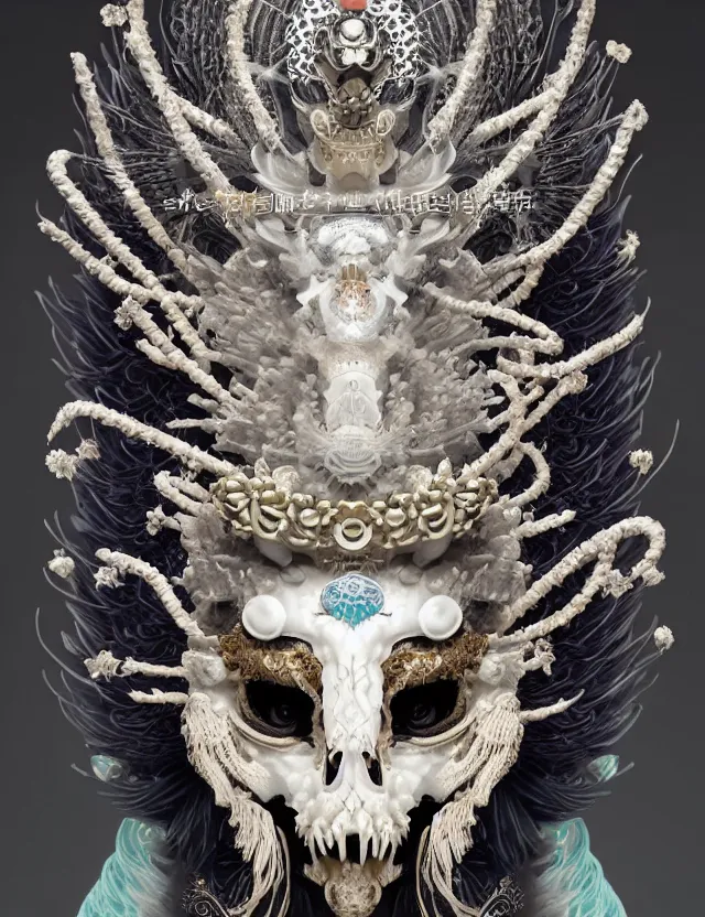 Image similar to goddess macro close - up portrait wigh crown made of ram skull. beautiful intricately detailed japanese crow kitsune mask and clasical japanese kimono. betta fish, jellyfish phoenix, bioluminiscent, plasma, ice, water, wind, creature, super intricate ornaments artwork by tooth wu and wlop and beeple and greg rutkowski