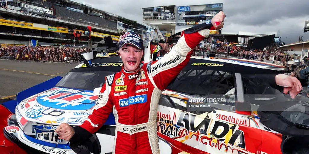 Prompt: A stock car driver celebrating their win at a major championship event, racing, press photo
