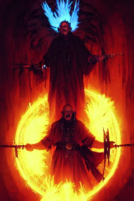 Prompt: crazy, insane old priest in dirty robes, surrounded by a force field of glowing crow feathers, holding a glowing warhammer portrait dnd, painting by gaston bussiere, craig mullins, greg rutkowski, yoji shinkawa