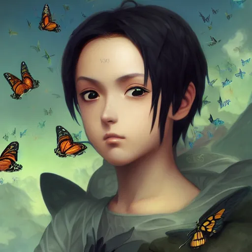 Prompt: a beautiful stunning fantasy whimsical matte digital portrait illustration of Kirito, the protagonists of Sword Art Online, surrounded by monarch butterflies, in the style of William Adolphe-Bouguereau and Ross Tran, magic the gathering, trending on artstation, contest winner