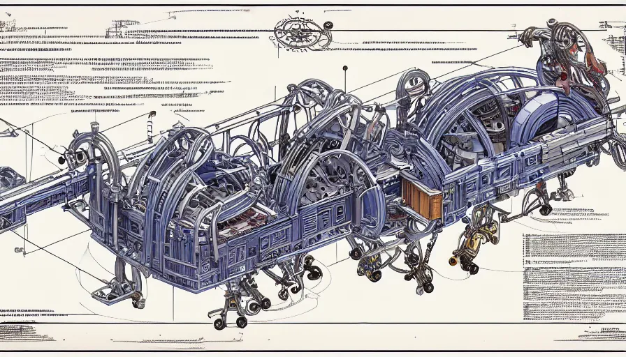 Prompt: a full page of a mechanical blueprint showing a cutaway design for a mechanized brontosaurus from howl's moving castle ( 2 0 0 4 ), with people inside piloting it, muted colors, post grunge, studio ghibli, hq