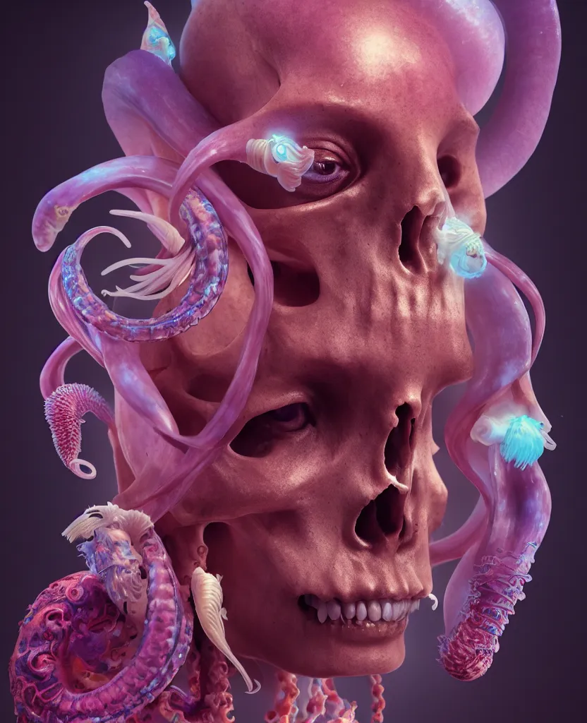 Image similar to goddess close - up portrait human skull, ram skull, squid phoenix jellyfish, orchid, betta fish, bioluminiscent, intricate artwork by tooth wu and wlop and beeple. octane render, trending on artstation, greg rutkowski very coherent symmetrical artwork. cinematic, hyper realism, high detail, octane render, 8 k