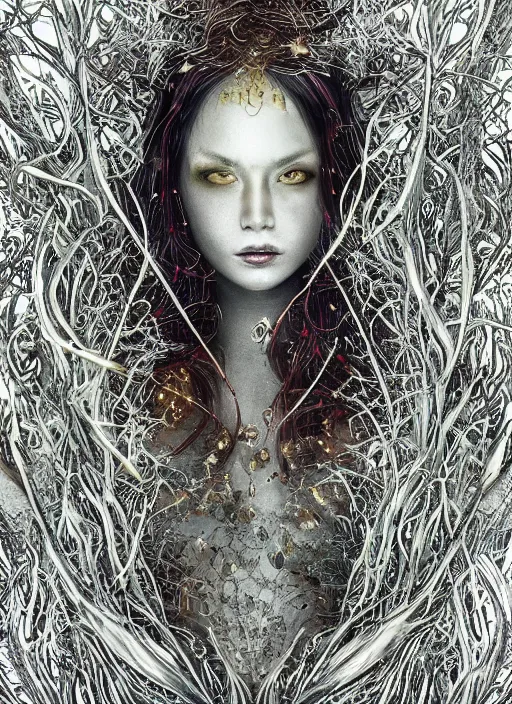 Image similar to glowing silver and golden elements, full close-up portrait, A beautiful dark witch in front of the full big moon, book cover, green forest, red white black colors, establishing shot, extremly high detail, foto realistic, cinematic lighting, pen and ink, intricate line drawings, by Yoshitaka Amano, Ruan Jia, Kentaro Miura, Artgerm, post processed, concept art, artstation, matte painting, style by eddie, raphael lacoste, alex ross