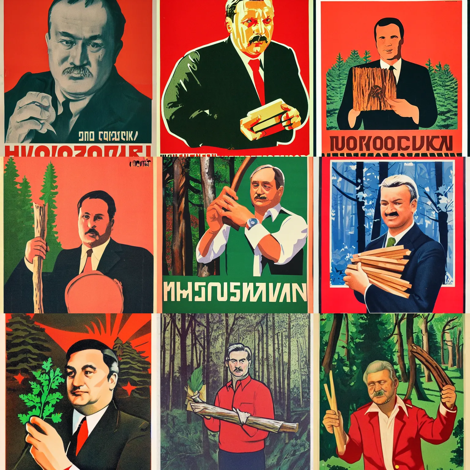 Prompt: soviet poster of hungarian politician, holding a wood piece, forest in background