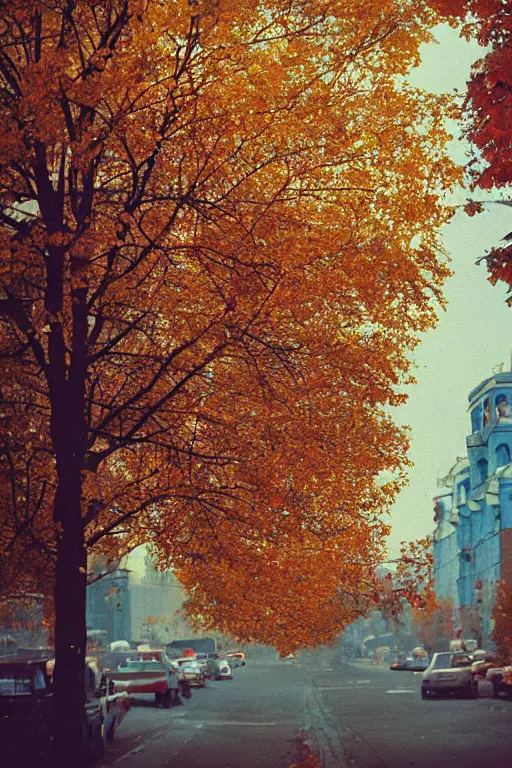 Image similar to a lomographic photo of moscow, autumn, cinestill, bokeh