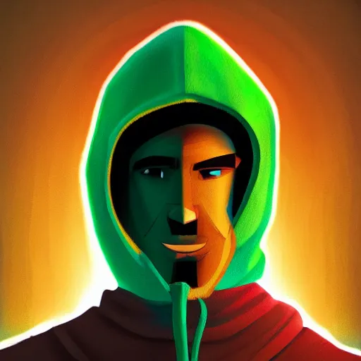 Image similar to portrait of a lost chad programmer with green hood by james gilleard, dramatic lighting, close up