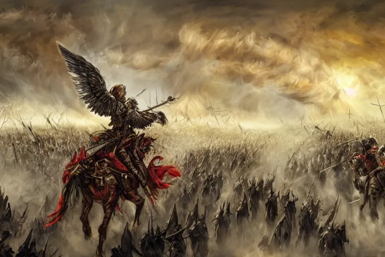 Prompt: Majestic powerfull big white wings Winged Hussars cavalry horde charging at ugly colour demons and trolls on ground, huge golden cross above them on the sky, wings lightning bright from heavens, blood, snow, wide angle, thunders, magic, dramatic lighting, intricate, wild, highly detailed, digital painting, artstation, concept art, smooth, sharp focus, illustration, art by artgerm and greg rutkowski and alphonse mucha, footage from space camera