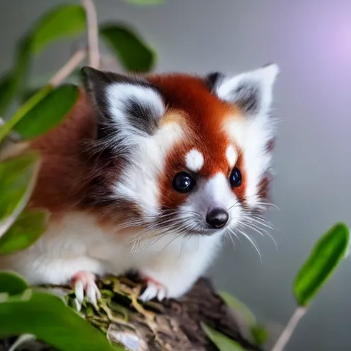 Prompt: cute fluffy cross between red panda and sugar glider in a lush jungle, studio lighting, award winning