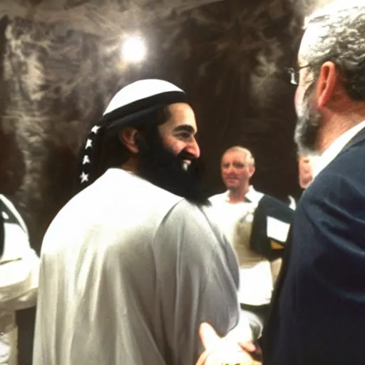 Image similar to george w bush shaking hands with osama bin laden, 8k cinematic lighting, very sharp detail, anatomically correct