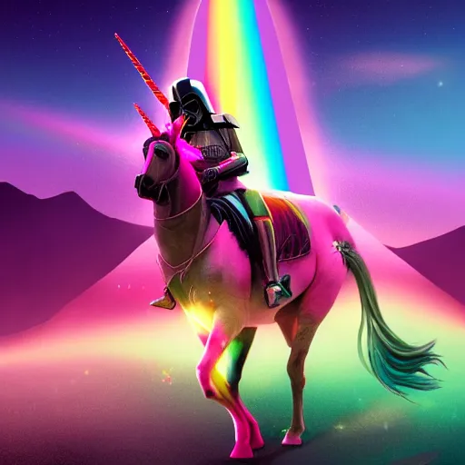 Prompt: beautiful matte painting, rainbow colored pink pink darth vader wearing pink wearing pink, riding a unicorn, riding a unicorn, riding a unicorn with one horn, over a glittering rainbow, in psychedelic space, by lisa frank and dan mumford, octane render, HDR, vivid color, volumetric lighting, unreal engine, concept art, CGsociety, trending on artstation