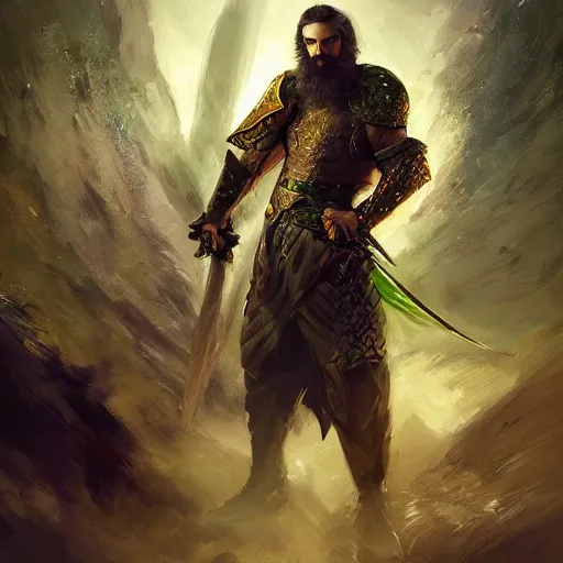 Prompt: A portrait of a fighter with short hazel hair and a beard, dual wielding two magical swords, wearing green dragon armor and a cloak made of cheetah, fantasy, digital art by Ruan Jia, Donglu Yu