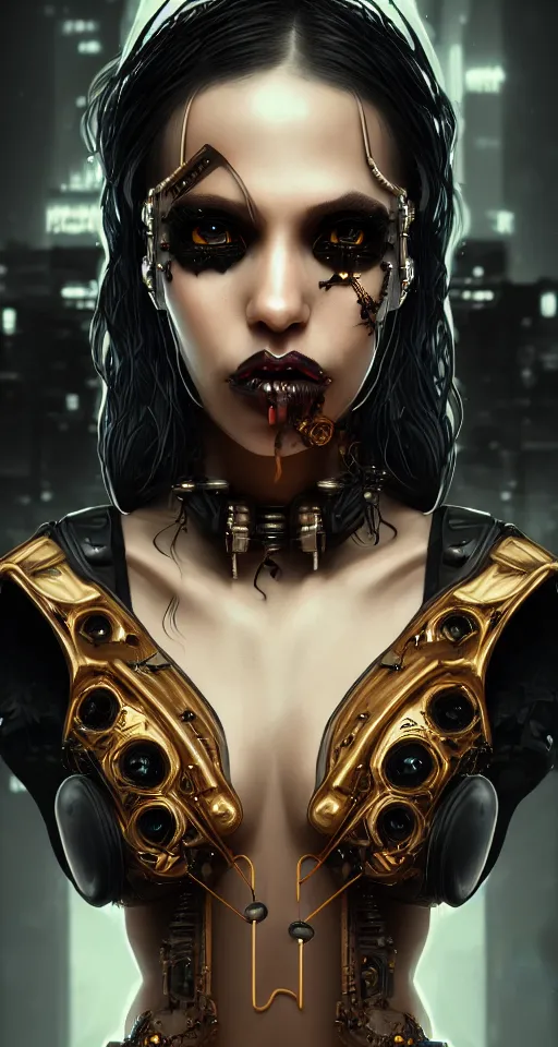 Image similar to soft lustrous ebony dark biotech raver gothic cyborg gutter punk, earbuds, golden ratio, details, scifi, fantasy, cyberpunk, intricate, decadent, highly detailed, digital painting, octane render, artstation, concept art, smooth, sharp focus, illustration, art by artgerm, loish, wlop