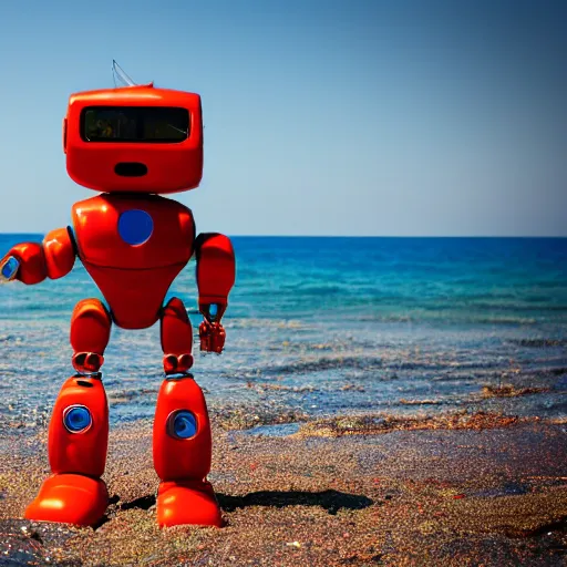 Prompt: photo of an humanoid robot sunbathing in a beach, depth of field, happiness, beautiful sea, colorful robot