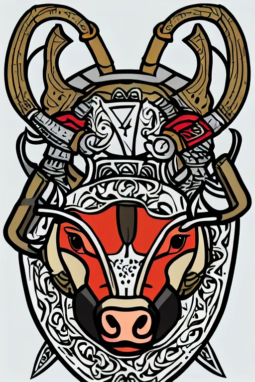 Image similar to Portrait of a bull in a medieval armor, knight, medieval, sticker, colorful, illustration, highly detailed, simple, smooth and clean vector curves, no jagged lines, vector art, smooth