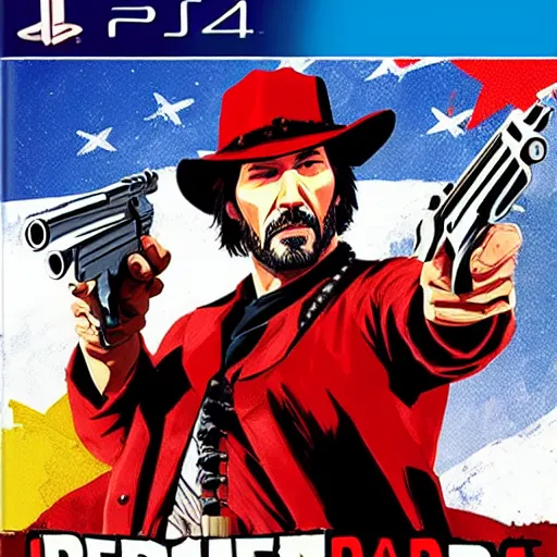 Image similar to Keanu Reeves as a Red Dead Redemption 2 character, dressed as a Western sheriff, game box art