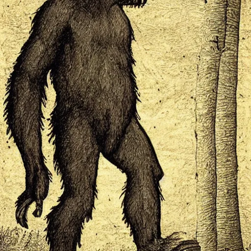 Image similar to detailed illustration, bigfoot in the style of leonardo da vinci,