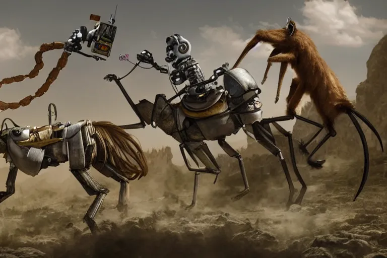 Prompt: a robot monkey riding a donkey in a post apocalyptic world being chased by giant ants