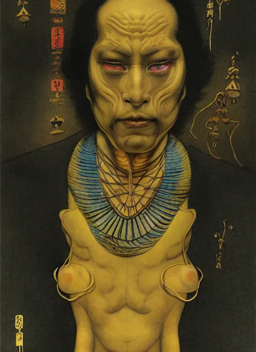 Prompt: hyper realistic traditional japanese illustration of pharaoh businessman glowing in the style of austin osman spare, wayne barlowe, gustav moreau, goward, gaston bussiere and roberto ferri, santiago caruso, bouguereau, klimt, saturno butto, sorayama. occult art, alchemical diagram