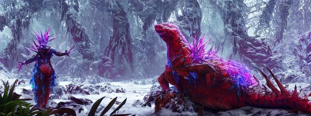 Image similar to large glowing woman made of ice, walking in a dense alien snow covered frosty jungle, with snow covered colourful red, blue and purple plants, large vines, snow covered arched organic rock structures, in the style of monster hunter world, like concept art on artstation, hyperdetailed, vray render, octane render,