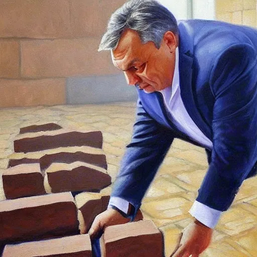 Image similar to viktor orban laying bricks, oil painting