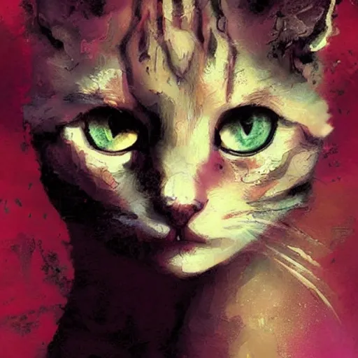 Prompt: Portrait of a kitten, fantasy, colorful, detailed, by Greg Rutkowski and Dave McKean, pink and gold color palette