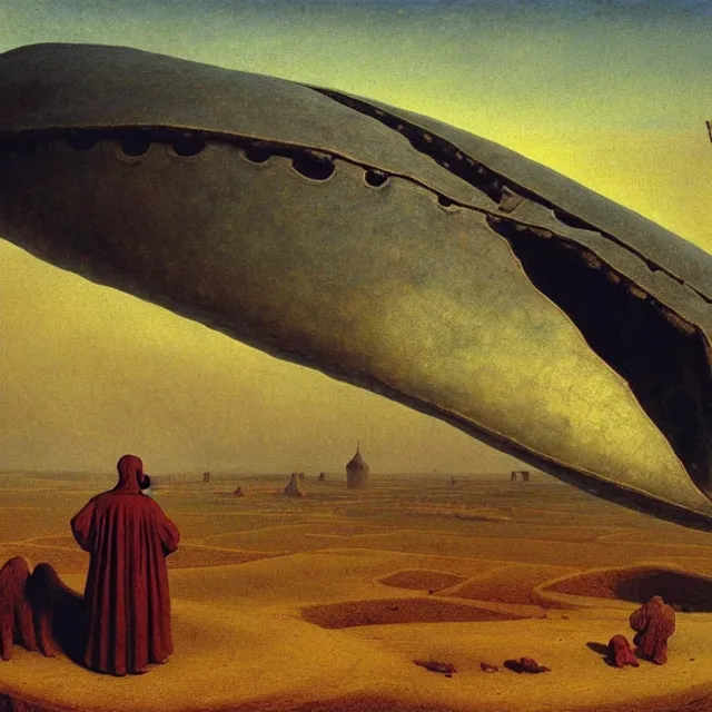 Prompt: Medieval village on the plains, a villager looking up. The sky is completely covered to the horizon by an incredibly enormous colossal oversized massive airship-like ship. Extremely high detail, realistic, medieval fantasy art, dark, masterpiece, art by Zdzisław Beksiński, Boris Vallejo