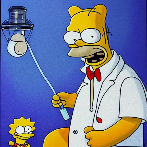 Image similar to doctor home simpson operating on a cat, oil and acrylic on canvas, high detail