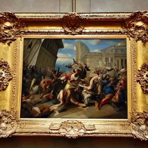 Image similar to rioters destroying art inside the louvre