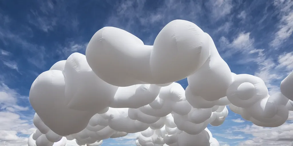 Prompt: inflatable upscaled all - white adult bouncy castle playground chubby cloud installation levitating in the air, sky, parts by cj hendry, parts by shih chieh huang, parts by anish kapoor, warm soft light, telephoto lens, shallow depth of field realistic, 8 k, hyperrealism, subsurface scattering, raytracing