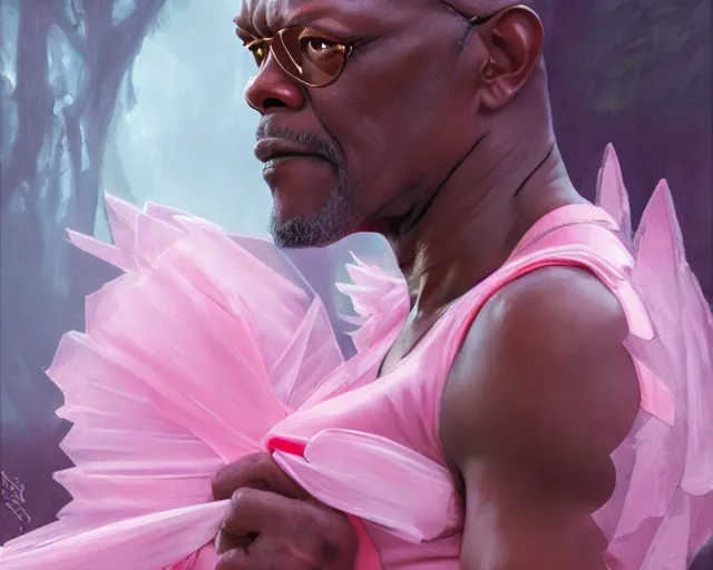 Image similar to photography of samuel l jackson in a pink ballerina outfit, deep focus, d & d and mtg, fantasy, intricate, elegant, highly detailed, digital painting, artstation, concept art, matte, sharp focus, illustration, hearthstone, art by artgerm and greg rutkowski and alphonse mucha