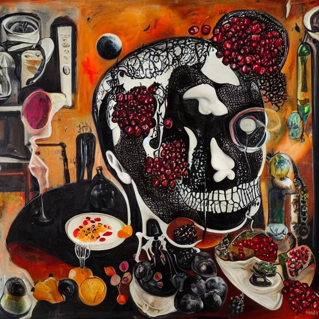 Prompt: apartment with black walls, portrait of a woman holding a brain, mangosteen, honey dripping, berries dripping juice, pancakes, pomegranate, bones, sensual, computer chips, berries, octopus, scientific glassware, neo - expressionism, surrealism, acrylic and spray paint and oilstick on canvas